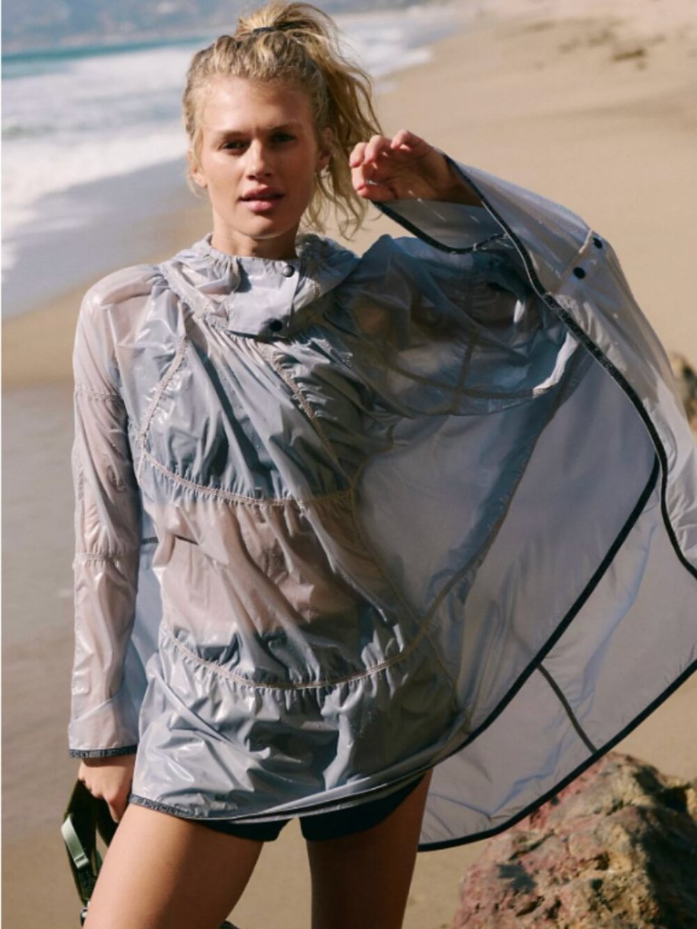 Free People Rain Drop Packable Poncho in Titanium Medium NWT